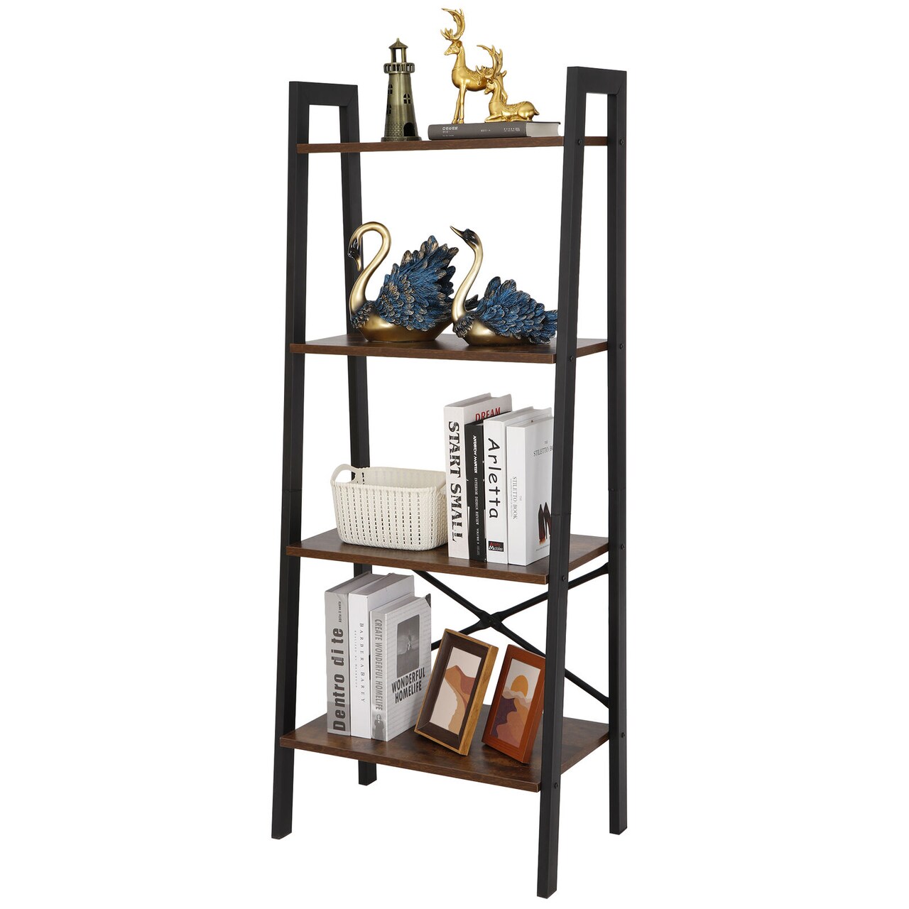 4-Tier Durable Bookcase Bookshelf Leaning Wall Ladder Shelf.